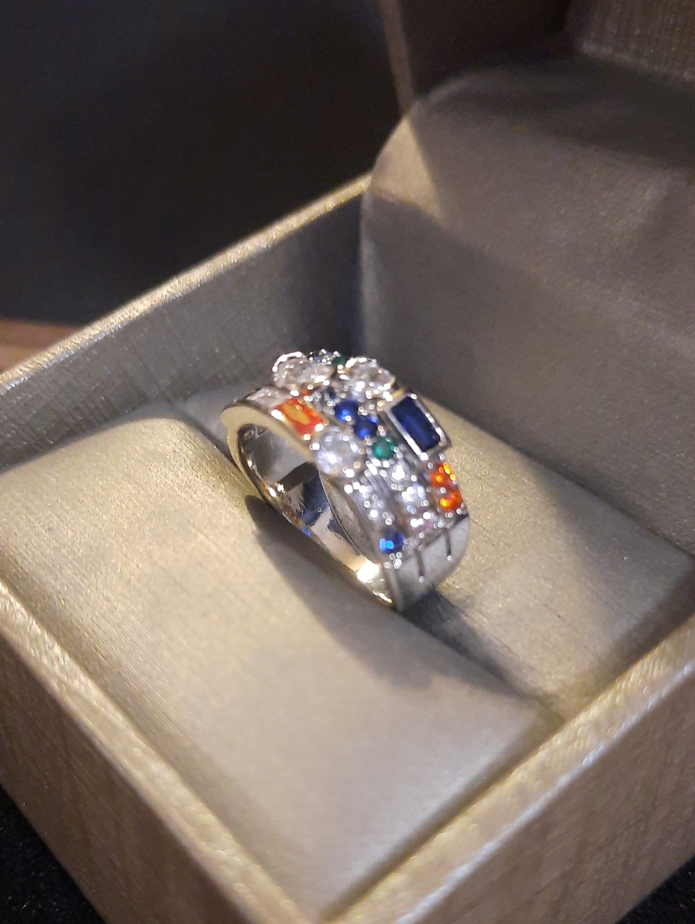 Silver Multi-Gemstone Band Ring - Blue, Green & Orange Accents Size 6